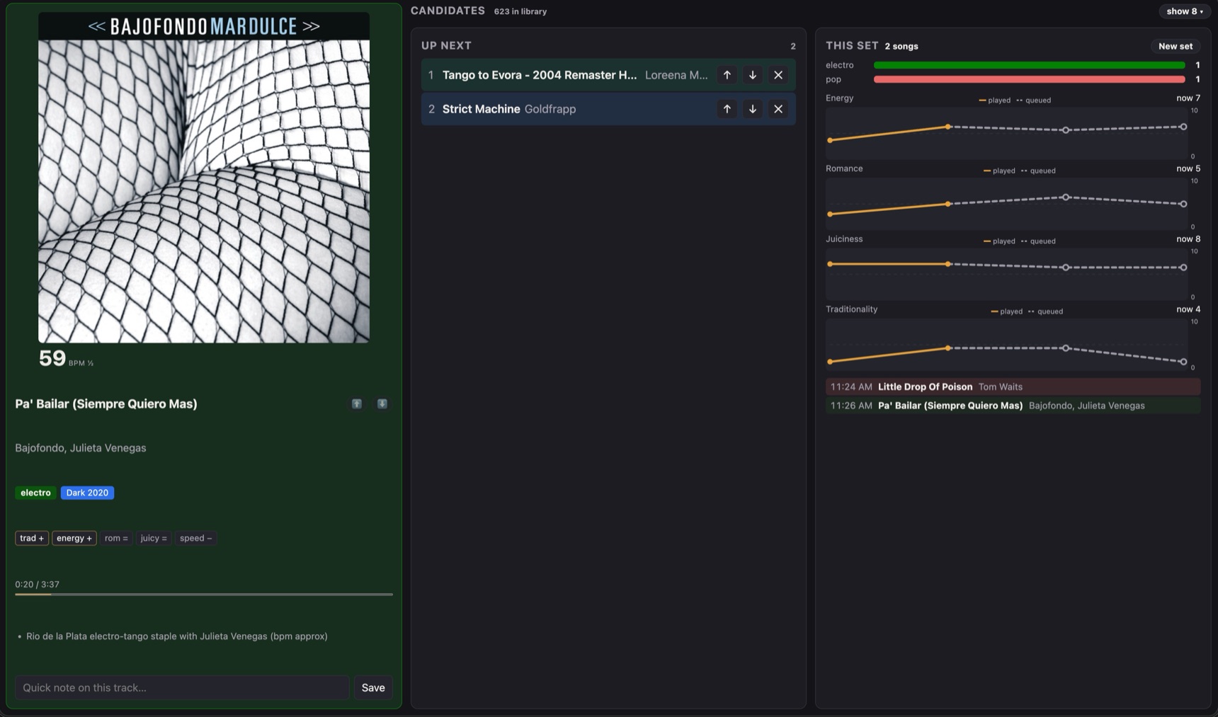 Now-playing card with album art, danced-pulse BPM badge, move chips and a track note, beside the queue and per-dimension set trend charts
